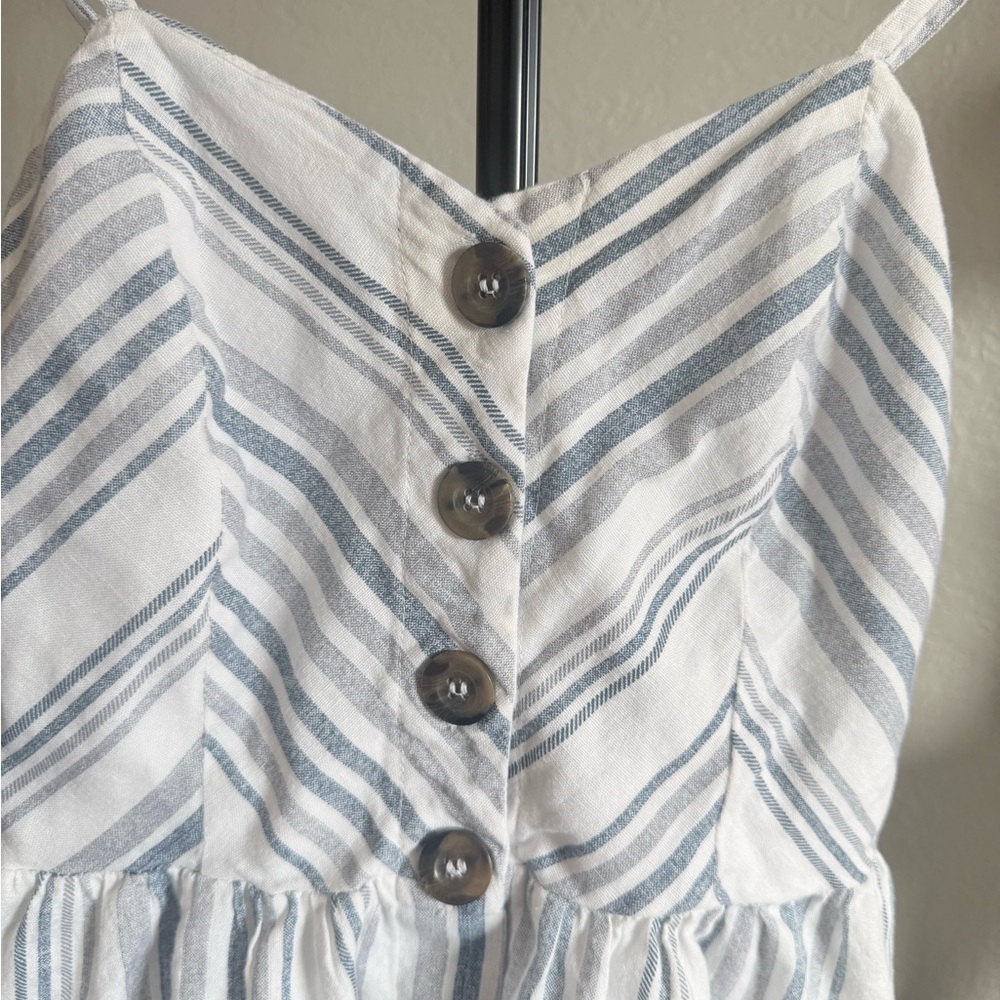 Striped Button Front Midi Dress Linen Cottage Coastal Medium 100% Cotton
